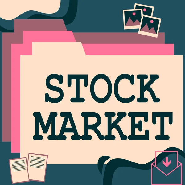 Text rukopisu Stock Market. Koncepce znamená zvláštní trh, na kterém jsou akcie a dluhopisy obchodovány nebo exhange desktopové složky uvnitř webového prohlížeče zobrazující nejnovější technologie. — Stock fotografie