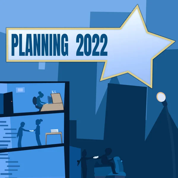 2022年計画を提示するテキストキャプション。心の中で最後に書かれた言葉位置決め長期目標オフィスビル高層ビルを持つ都市スカイラインを示す図面. — ストック写真