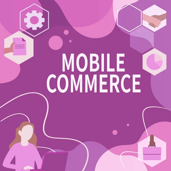 Schrijven met tekst Mobile Commerce. Zakelijke aanpak Mobiele telefoon gebruiken om online handelstransacties uit te voeren Vrouw Innovatief Denken Leidende Ideeën Naar Stabiele Toekomst. — Stockfoto