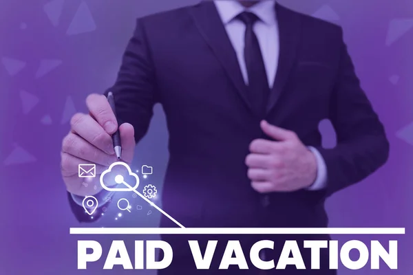 Text sign showing Paid Vacation. Business idea Sabbatical Weekend Off Holiday Time Off Benefits Man holding Screen Of Mobile Phone Showing The Futuristic Technology. — ストック写真