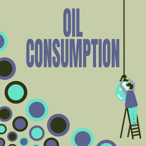 Writing displaying text Oil Consumption. Conceptual photo This entry is the total oil consumed in barrels per day Businessman Standing Ladder Fixing Light Bulb Generating New Futuristic Ideas. — Stock Photo, Image