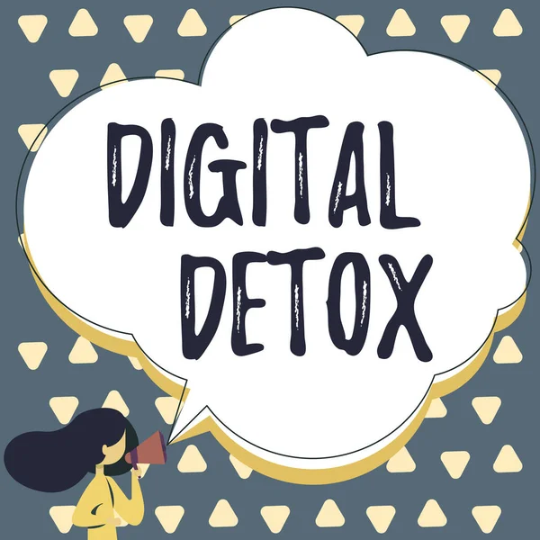 Menampilkan Detox Digital. Konsep bisnis Free of Electronic Devices Disconnect to Reconnect Unplugged Woman Talking Through Megaphone Making Announcement With Speech Bubble. — Stok Foto