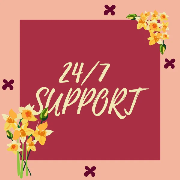 Conceptual caption 24 Or 7 Support. Concept meaning Giving assistance to service whole day and night No downtime Blank Frame Decorated With Abstract Modernized Forms Flowers And Foliage. — Stock Photo, Image