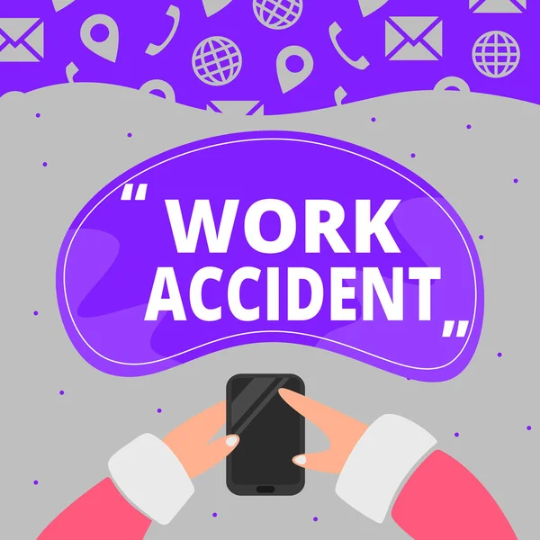 수작업중 사고로 문서 작성. Business Concept Mistake Injury happened in the job place Getting Hand Holding Mobile Phone Pressing Application Button Mearing Technology. — 스톡 사진