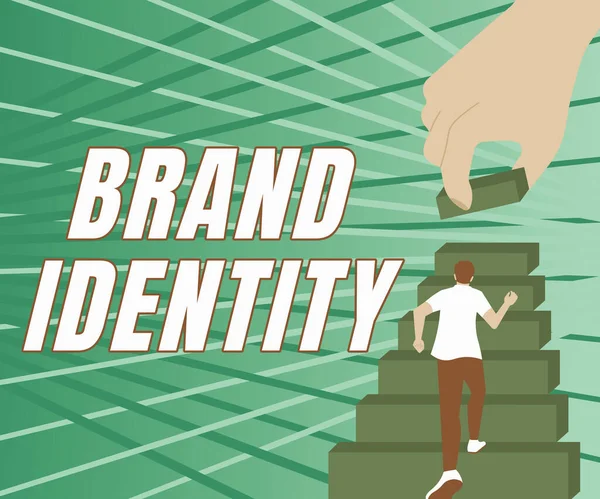 Scrittura visualizzazione del testo Brand Identity. Approccio commerciale elementi visibili di un marchio che identificano e distinguono Gentleman Climbing Up Stair Case Cercando di raggiungere gli obiettivi Definire il progresso. — Foto Stock