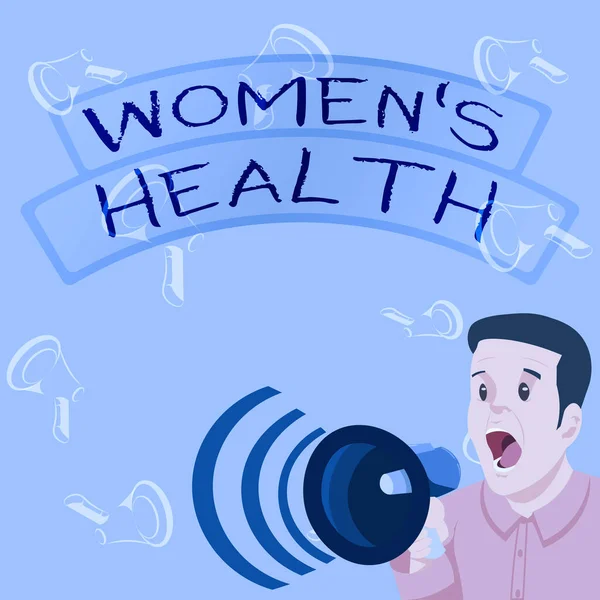 여성의 건강을 보여 주는 문자 메시지. Business showcase Womens Is physical health impeuted disease Businessman Talking Through Megaphone Making Wonderful New Announcement — 스톡 사진