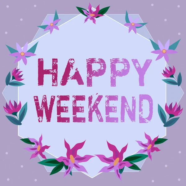 Titulek textu představující Happy Weekend. Slovo napsané v den veselého odpočinku Čas bez kancelářské práce Trávící prázdniny Rámeček zdobený barevnými květinami a ovocem Harmonicky uspořádané. — Stock fotografie