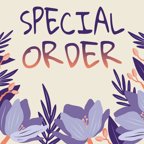 Handschrift Special Order. Concept betekent specifiek item Verzocht om een Routine Memo door het militaire hoofdkwartier Frame versierd met kleurrijke bloemen en gebladerte Harmoniously geregeld. — Stockfoto