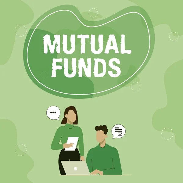 Text sign showing Mutual Funds. Business overview An investment program funded by shareholders Individual Stocks Partners Sharing New Ideas For Skill Improvement Work Strategies. — Stock Photo, Image