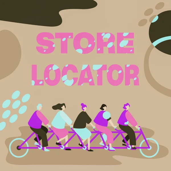 Text bildtext med Store Locator. Affärsidé att veta adress kontaktnummer och öppettider Kollegor Riding Bicycle Representera Teamwork Lyckad problemlösning. — Stockfoto