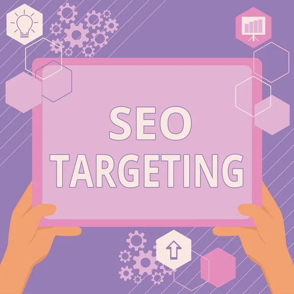 Texto que muestra inspiración Seo Targeting. Concepto que significa Palabras Clave Específicas para la Página de Aterrizaje de Ubicación Mano de Dominio Usando Big Tablet Buscando Planes Para Nuevas Ideas Increíbles — Foto de Stock