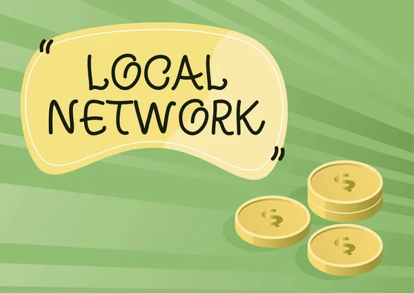 Teksttekst som presenterer lokalnett. Ord skrevet på intranett-LAN Radio Waves DSL Boradband Switch Connection Coins som symboliserer framtidige finansieringsplaner. – stockfoto