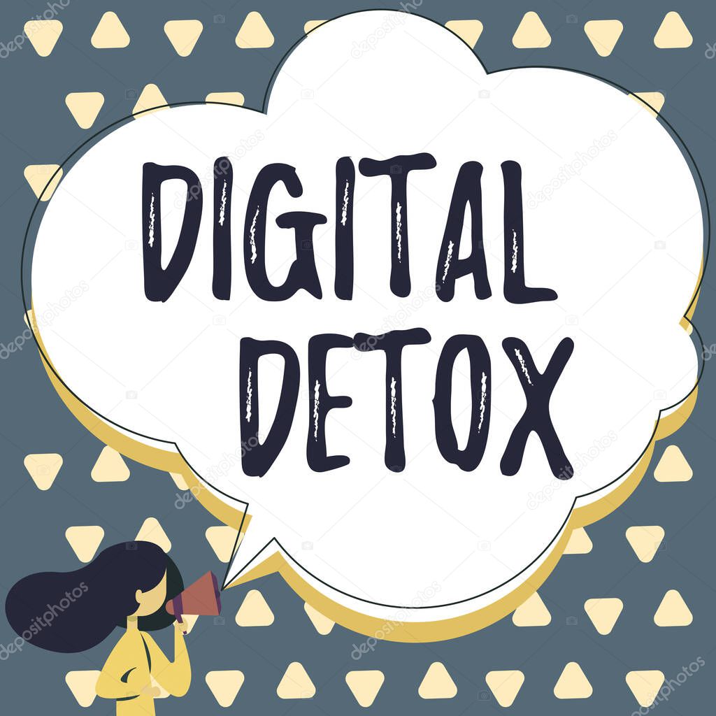 Sign displaying Digital Detox. Business concept Free of Electronic Devices Disconnect to Reconnect Unplugged Woman Talking Through Megaphone Making Announcement With Speech Bubble.