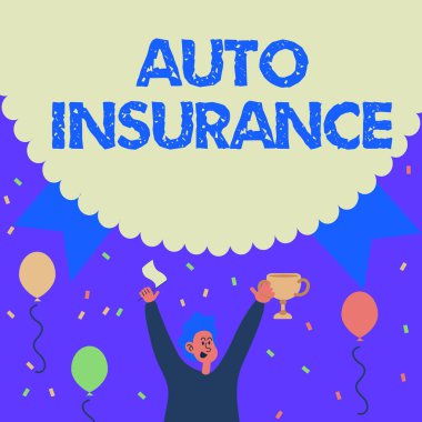 El yazısı tabelası Otomobil Sigortası. İş genel değerlendirmesi, kazaya karşı mali kayıp durumunda Man Holding Trophy Performansını Balonlarla çevrili olarak kutlar..