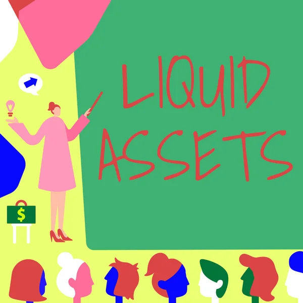 Text sign showing Liquid Assets. Business approach Cash and Bank Balances Market Liquidity Deferred Stock Lady Pointing Backdrop Presenting Newest Successfull Financial Strategies. — Stock Photo, Image