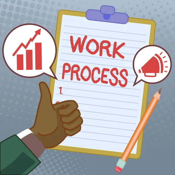 Text caption presenting Work Process. Business overview Standard procedures how to handle a particular job rules system Hands Thumbs Up Showing New Ideas. Palms Carrying Note Presenting Plans — Stock Photo, Image