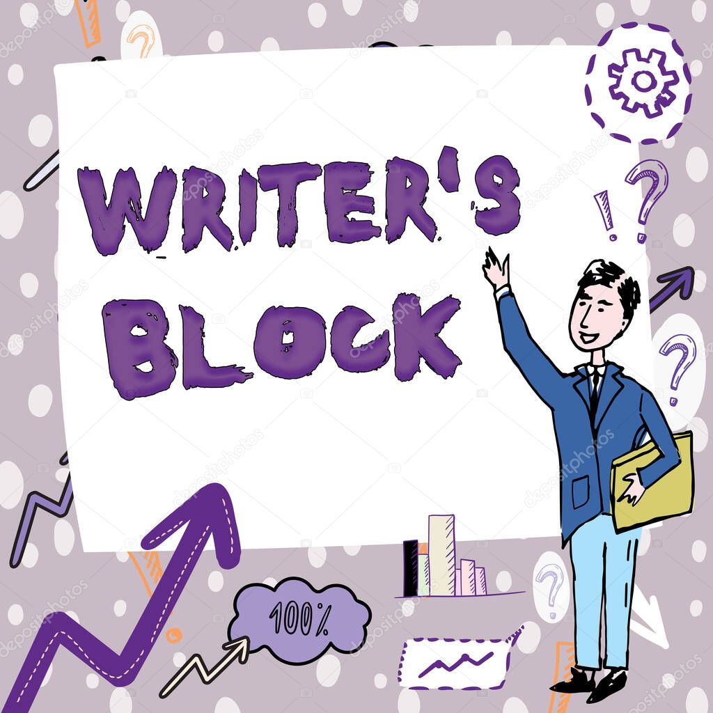 Text sign showing Writer S Block. Conceptual photo Condition of being unable to think of what to write Gentleman Drawing Standing Pointing Finger In Blank Whiteboard.
