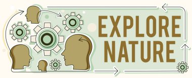 Kavramsal manşet: Doğayı Keşfedin. İşletme Vitrini Rezervasyon Kampı Koruma Seferi Safari Parkı İşçi Teknolojisi Fikirleri Gösteren Çoklu Kafalar.