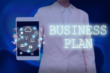 Kavramsal gösteri İş Planı. İnternet Konsepti Yapısal Strateji Hedefleri ve Hedefleri Finansal Projeksiyonlar Geleceğin Teknolojisini Gösteren Mobil Telefonun Kadın Baskı Ekranı