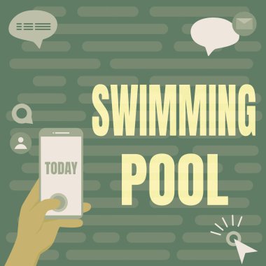 El yazısı, yüzme havuzu. Konsept, boş zaman aktiviteleri için su tutmak üzere tasarlanan Yapı anlamına gelir Eller Tutma Teknolojik Aygıt Baskı Uygulama Düğmesi.