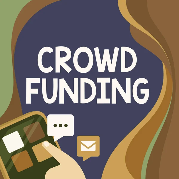 Inspiración mostrando señal Crowd Funding. Word Written on Fundraising Kickstarter Startup Pledge Platform Donaciones Pulsando el Botón de Aplicación Presentando Conexión de Red Global. —  Fotos de Stock