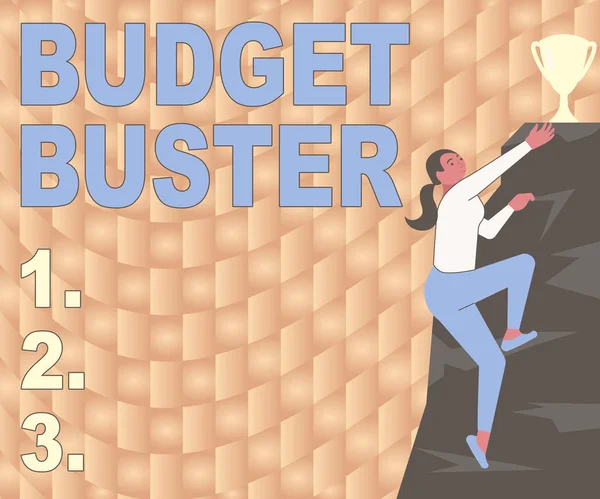 Conceptuele weergave Budget Buster. Woord Geschreven op zorgeloze uitgaven Koopjes Onnodige Aankopen Overbesteding Vrouw beklimmen Berg Bereikende Trofee Vertegenwoordigen Succes. — Stockfoto