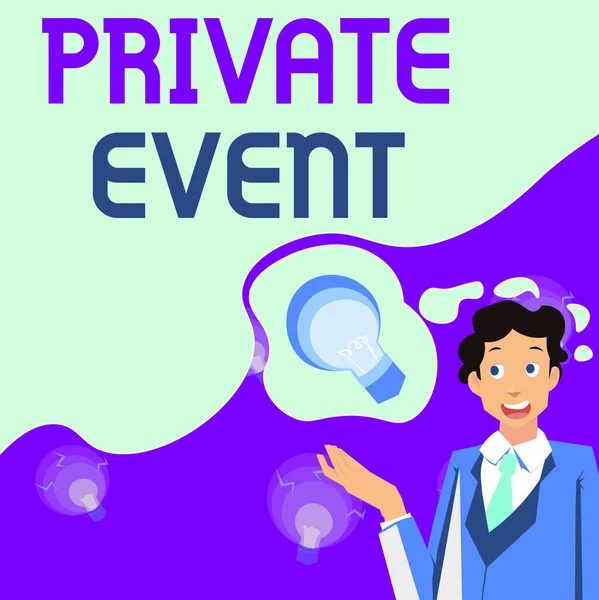 Psaný text Private Event. Koncept znamená Exkluzivní rezervace RSVP Pozvánka Muž představující inovativní nápady dosažení úspěšného dokončení projektu. — Stock fotografie