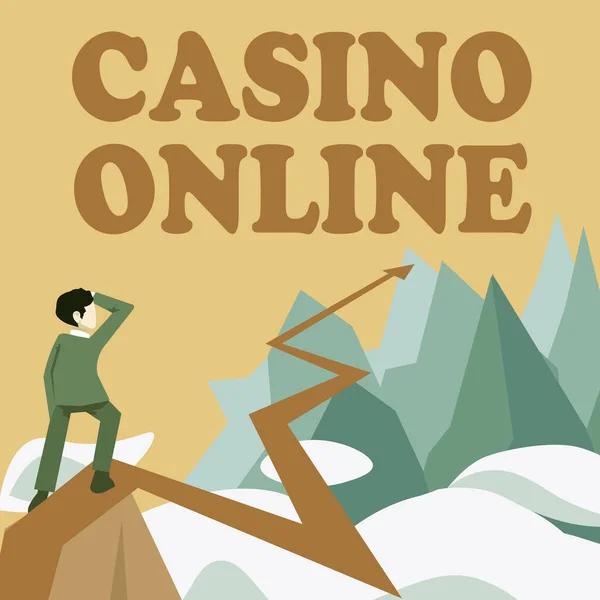 Inspirace ukazuje znamení Kasino online. Obchodní koncept Computer Poker Game Gamble Royal Bet Lotto High Stakes Man sledování horizont šipka ukazující symbolizující budoucí úspěch projektu. — Stock fotografie
