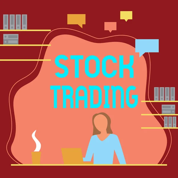 Psaní zobrazující text Stock Trading. Internet Koncept Koupit a prodej cenných papírů elektronicky na burze Floor Woman sedí na stole pracovní a prezentaci nových technologií. — Stock fotografie