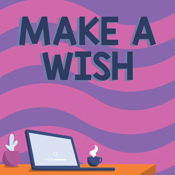 Textskylt med Make A Wish. Word Skrivet på Att ha drömmar önskningar om framtida händelser Var positiv Kontor Skrivbord Ritning med bärbar penna hållare och en öppen och arrangerad — Stockfoto