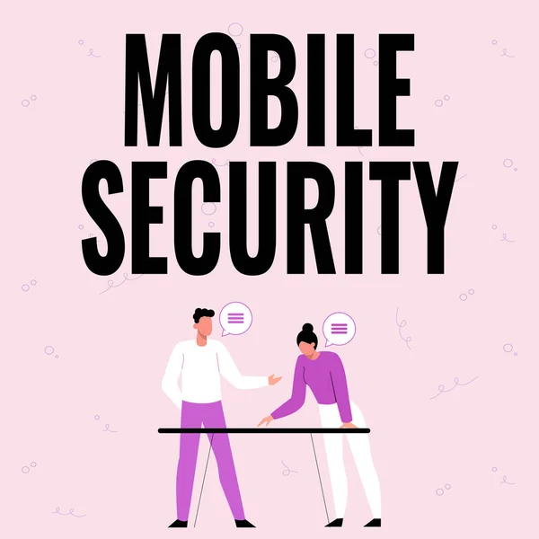 標識モバイルセキュリティを示すインスピレーション。脅威や脆弱性からの携帯電話の保護を意味する概念パートナースキル向上のための新しいアイデアを共有作業戦略. — ストック写真