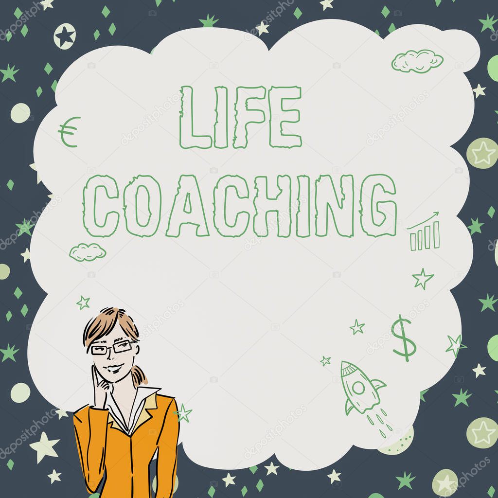 Conceptual display Life Coaching. Word for Improve Lives by Challenges Encourages us in our Careers Illustration Of Lady Thinking Deeply Alone For New Amazing Tactical Ideas.