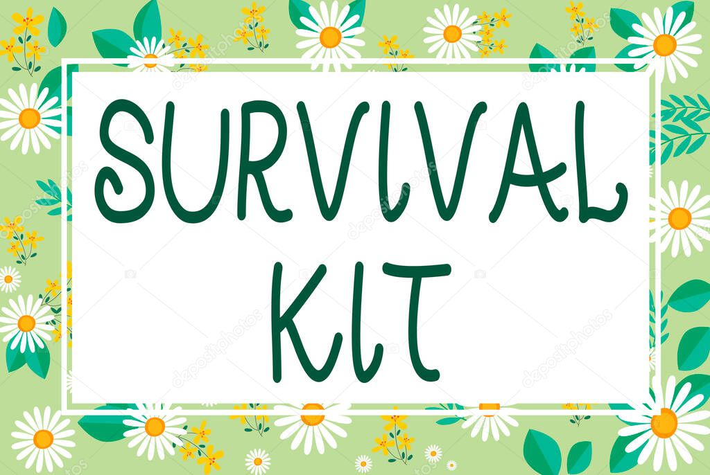 Sign displaying Survival Kit. Business approach Emergency Equipment Collection of items to help someone Blank Frame Decorated With Abstract Modernized Forms Flowers And Foliage.