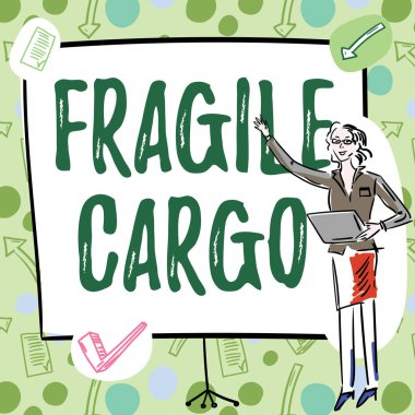 El yazısı işareti Kırılgan Kargo. İnternet Konsepti Kırılabilir Kabartma Kabarcıklı Cam Zararlı Ürünleri Kaplama İş kadını Sıradan Ayakta Durma Çizelgeleri ve Yeni Harika Fikirler.