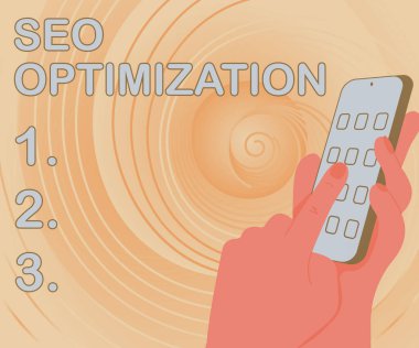 Seo Optimizasyon 'u gösteren bir tabela. Web sitesinin veya sayfanın görünürlüğünü etkilemenin anlamı kavramı Eller Tutma Teknolojik Aygıt Uygulama Düğmesi.
