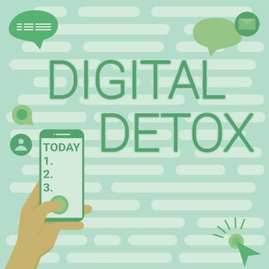 El yazısı işareti Dijital Detox. Elektronik Aygıtlardan Kurulmamış İşletme Fikri, Yeniden Bağlanmayan Elleri Tutma Teknolojik Aygıt Basma Uygulaması Düğmesine Bağlantı Kesme.