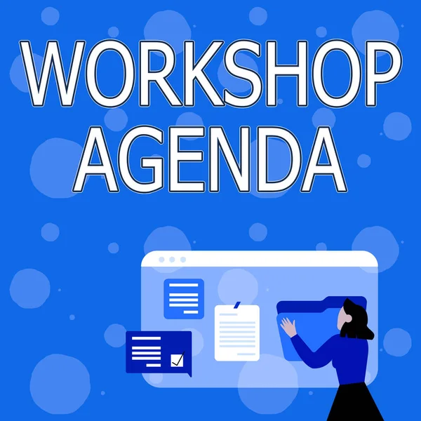 Handstilstext Workshop Agenda. Affärsöversikt hjälper dig att se till att din plats stannar på schemat Woman Arranging Browser History, Redigering Organisera onlinefiler, — Stockfoto