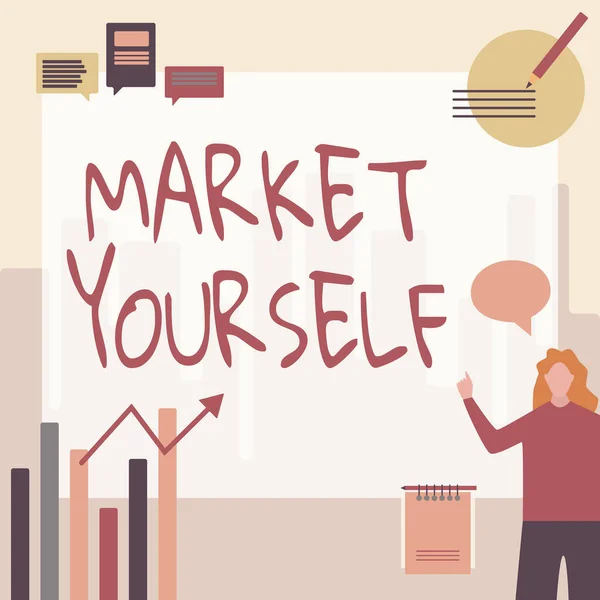 Señal de escritura a mano Market Yourself. Foto conceptual Haciéndose para cualquier tipo de tarea y proyecto en la vida Empresaria Casual Standing Presentando Gráficos Y Nuevas Ideas Maravillosas. —  Fotos de Stock