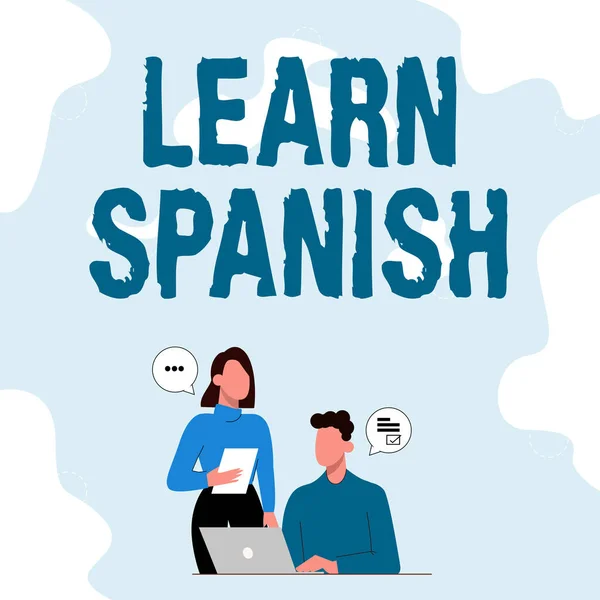 Conceptual caption Learn Spanish. Concept meaning Translation Language in Spain Vocabulary Dialect Speech Partners Sharing New Ideas For Skill Improvement Work Strategies. — ストック写真