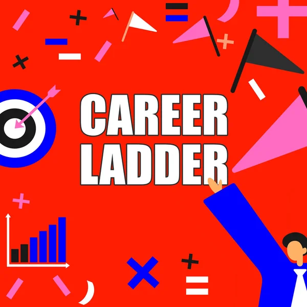 Escrevendo exibindo texto Career Ladder. Ideia de negócio Promoção de emprego Progresso profissional Mobilidade ascendente Conquista Cavalheiro bem sucedido em terno Exibindo as conquistas atuais do objetivo. — Fotografia de Stock