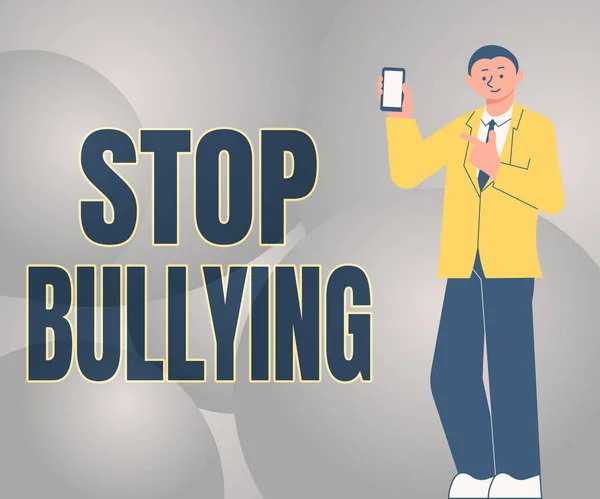 Texto que muestra inspiración Stop Bullying. Enfoque empresarial Luchar y eliminar este comportamiento agresivo inaceptable Hombre que sostiene la pantalla del teléfono móvil que muestra la tecnología futurista. — Foto de Stock