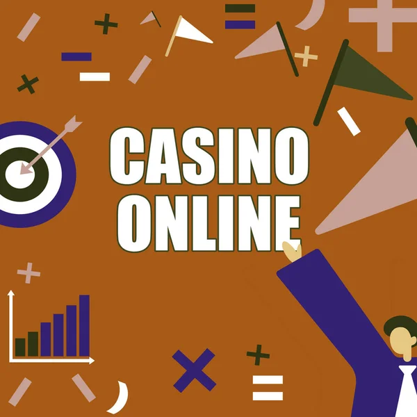 Didascalia concettuale Casino Online. Concetto significato Computer Poker Gioco d'azzardo Royal Bet Lotto High Stakes Gentiluomo di successo in giacca e cravatta Visualizzazione degli obiettivi attuali. — Foto Stock