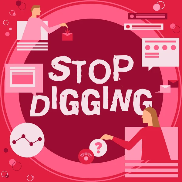Szöveges felirat a Stop Digging-ről. Üzleti áttekintés Az illegális ásatási kőfejtő megelőzése Környezetvédelem Munkatársak Online találkozója A jövőbeli projekttervek megvitatása. — Stock Fotó