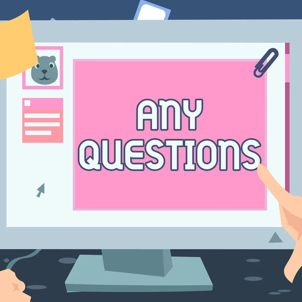 Text sign showing Any Questions. Business idea Clueless Blank face Inquiry Disputes Probes Issues Riddles Hand Touching Desktop Inside Web Browser Showing Recent Technology. — Stock Photo, Image