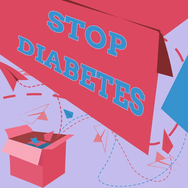 概念展示停止糖尿病。概念意思是血糖水平高于普通注射胰岛素开放盒与飞行用纸平面提出新的自由想法 — 图库照片