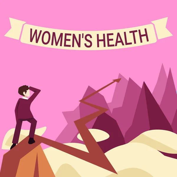 여성의 건강 상태는 여성의 건강 상태와 같다. 여성을 의미하는 단어는 질병을 피하는 신체 건강 결과 남성 이 미래 프로젝트 성공을 상징하는 수평선 화살표를 보는 것이다.. — 스톡 사진