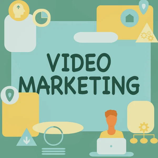Inspiration showing sign Video Marketing. Business idea create short videos about specific topics using articles Man Sitting On Desk Working And Presenting New Technologies.