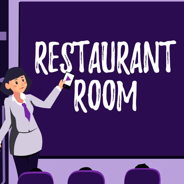 Text showing inspiration Restaurant Room. Business idea showing pay to sit and eat meals that are cooked and served Woman Holding Remote Control Presenting Newest Ideas On Backdrop Screen. — ストック写真