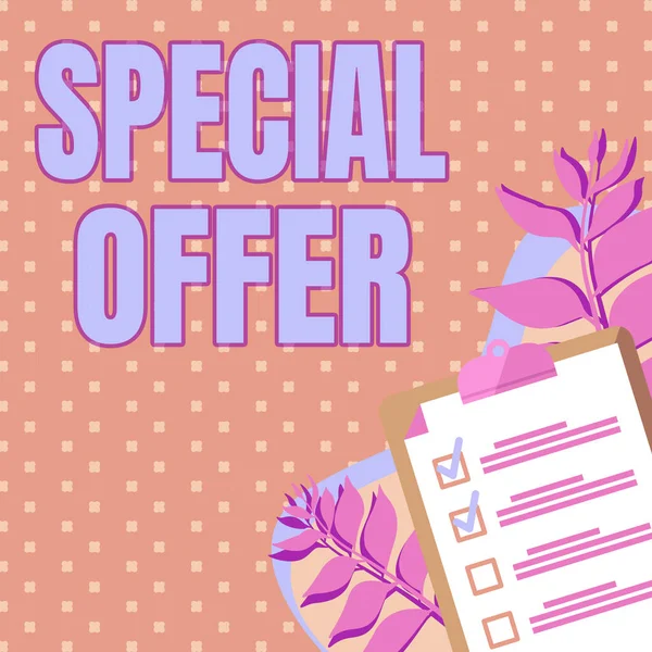 Conceptual display Special Offer. Business overview Selling at a lower or discounted price Bargain with Freebies Clipboard Drawing With Checklist Marked Done Items On List. — ストック写真
