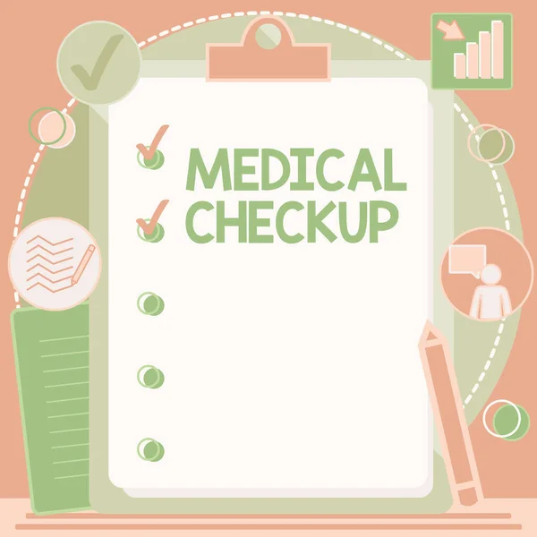 Κείμενο που δείχνει έμπνευση Ιατρικό Check Up. Επιχειρηματική ιδέα Λεπτομερής φυσική εξέταση για να ελέγξετε την κατάσταση της υγείας πρόχειρο σχέδιο με τη λίστα ελέγχου. — Φωτογραφία Αρχείου